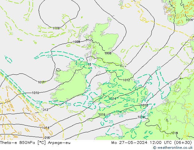 Theta-e 850hPa Arpege-eu Po 27.05.2024 12 UTC