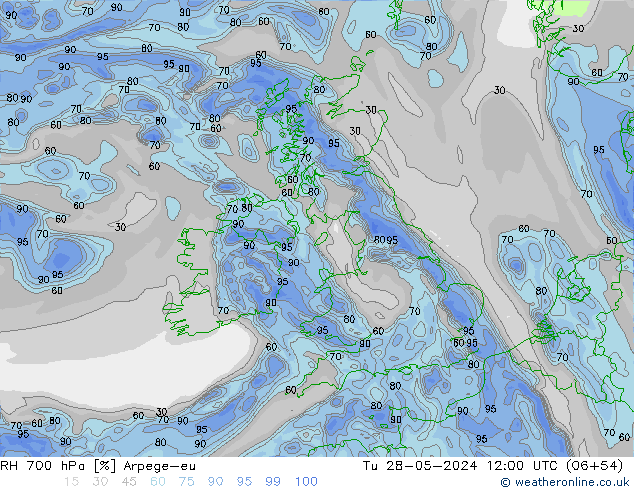 Humidité rel. 700 hPa Arpege-eu mar 28.05.2024 12 UTC