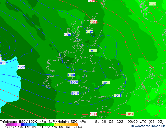 Espesor 850-1000 hPa Arpege-eu dom 26.05.2024 09 UTC