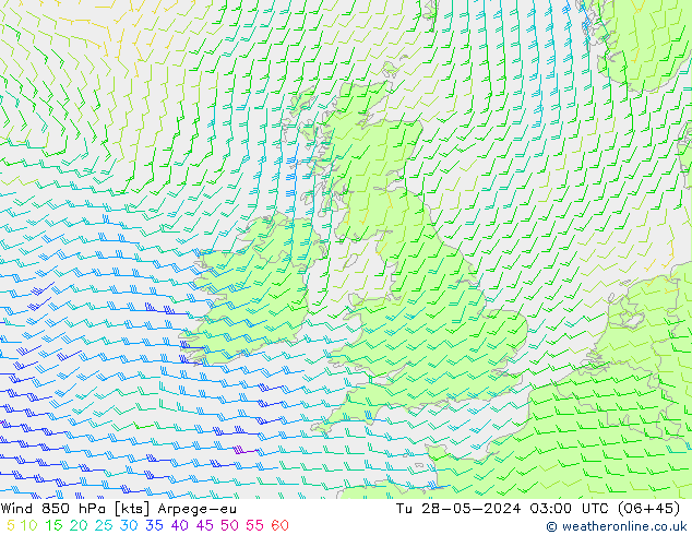 Wind 850 hPa Arpege-eu Tu 28.05.2024 03 UTC