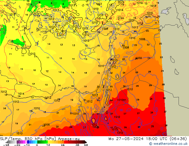 SLP/Temp. 850 hPa Arpege-eu Mo 27.05.2024 18 UTC