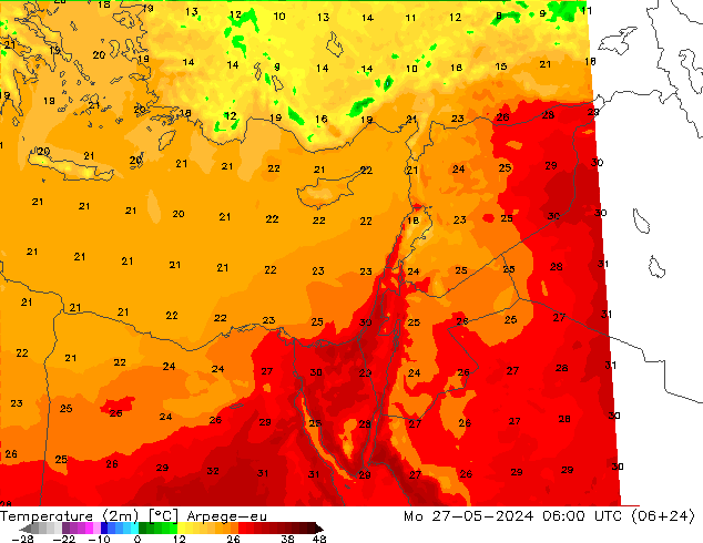 Temperature (2m) Arpege-eu Mo 27.05.2024 06 UTC