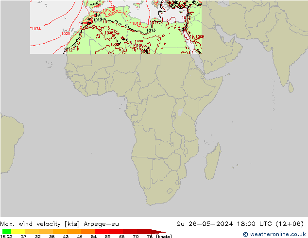 Max. wind velocity Arpege-eu Su 26.05.2024 18 UTC