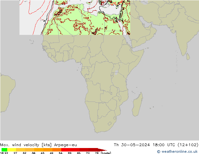 Max. wind velocity Arpege-eu  30.05.2024 18 UTC