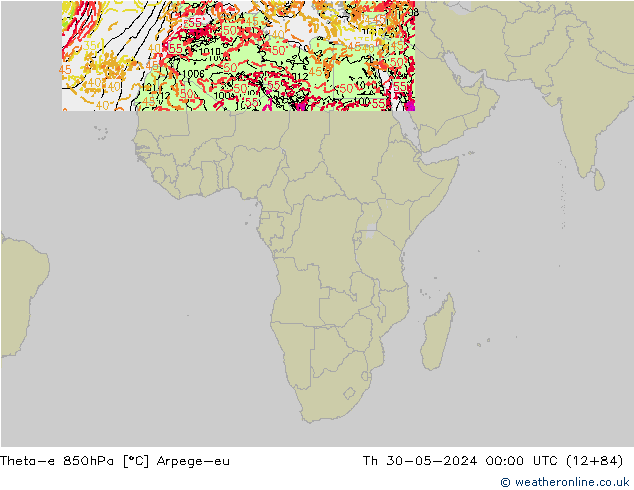 Theta-e 850hPa Arpege-eu jue 30.05.2024 00 UTC