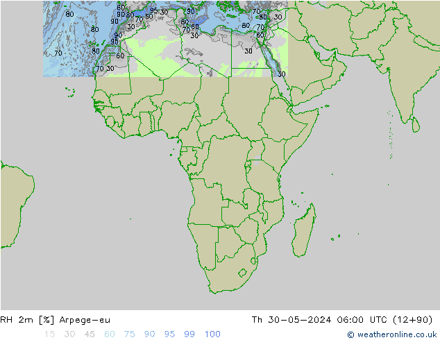 RH 2m Arpege-eu Th 30.05.2024 06 UTC