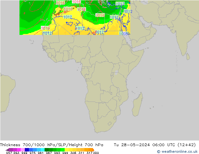 Thck 700-1000 hPa Arpege-eu Út 28.05.2024 06 UTC