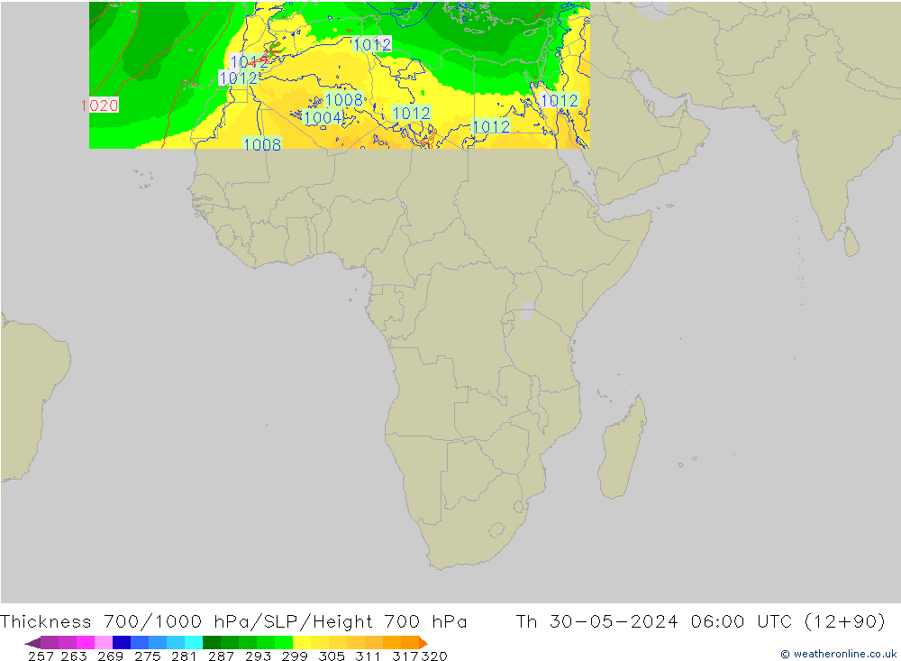 Thck 700-1000 hPa Arpege-eu Th 30.05.2024 06 UTC