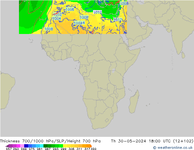 Thck 700-1000 hPa Arpege-eu Th 30.05.2024 18 UTC