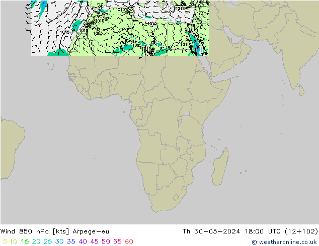 Viento 850 hPa Arpege-eu jue 30.05.2024 18 UTC