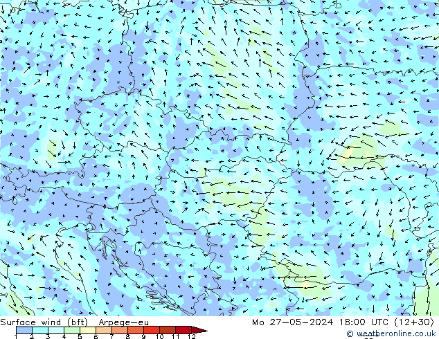 Surface wind (bft) Arpege-eu Mo 27.05.2024 18 UTC