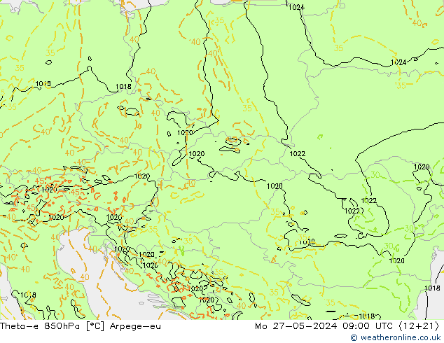 Theta-e 850hPa Arpege-eu Mo 27.05.2024 09 UTC