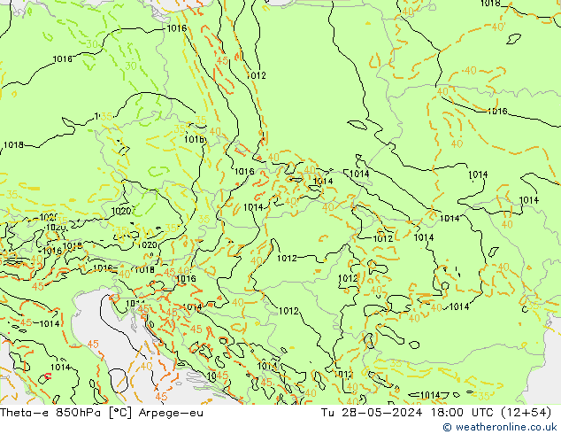 Theta-e 850hPa Arpege-eu wto. 28.05.2024 18 UTC