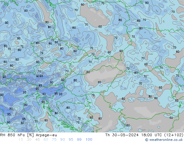 RH 850 hPa Arpege-eu Th 30.05.2024 18 UTC