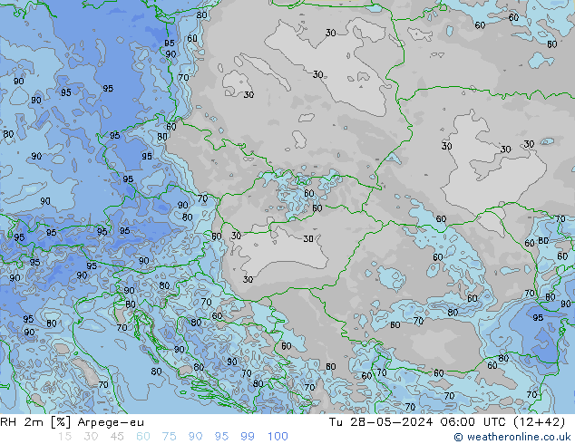 RH 2m Arpege-eu Út 28.05.2024 06 UTC