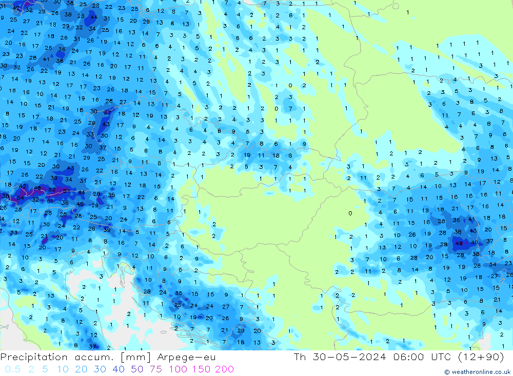 Precipitation accum. Arpege-eu Qui 30.05.2024 06 UTC