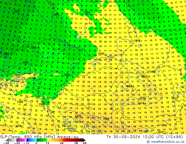 SLP/Temp. 850 hPa Arpege-eu Čt 30.05.2024 12 UTC