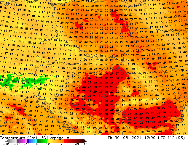 Temperature (2m) Arpege-eu Čt 30.05.2024 12 UTC