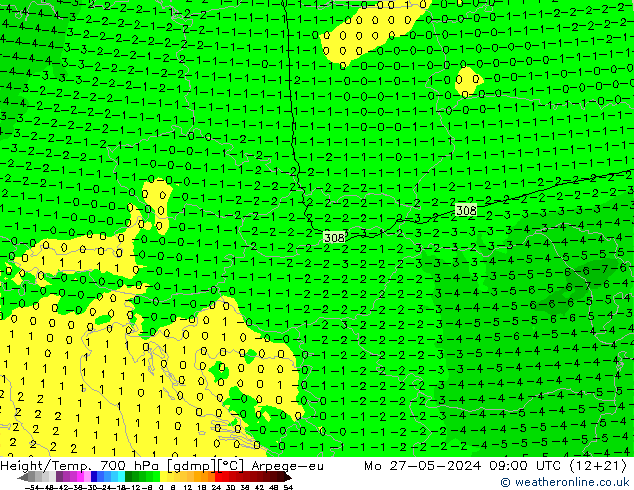 Yükseklik/Sıc. 700 hPa Arpege-eu Pzt 27.05.2024 09 UTC