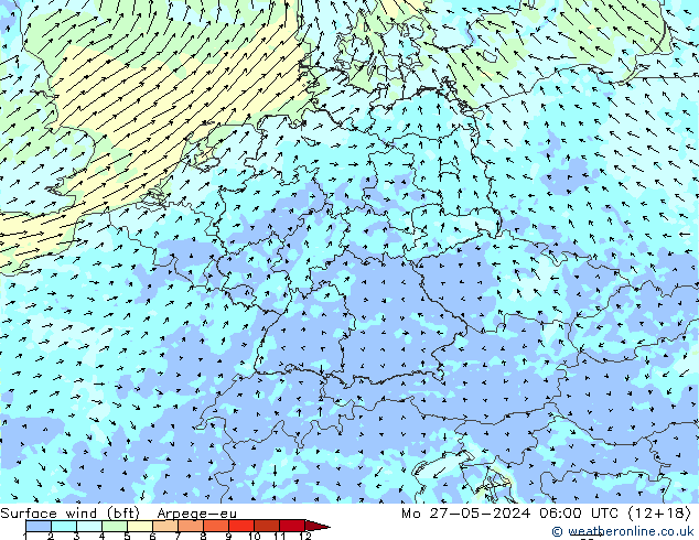 Bodenwind (bft) Arpege-eu Mo 27.05.2024 06 UTC