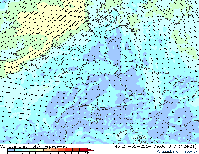 Surface wind (bft) Arpege-eu Po 27.05.2024 09 UTC