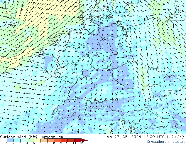 Surface wind (bft) Arpege-eu Mo 27.05.2024 12 UTC
