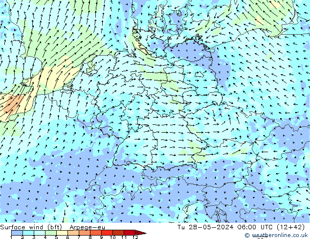 Wind 10 m (bft) Arpege-eu di 28.05.2024 06 UTC