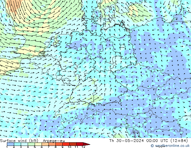 Viento 10 m (bft) Arpege-eu jue 30.05.2024 00 UTC