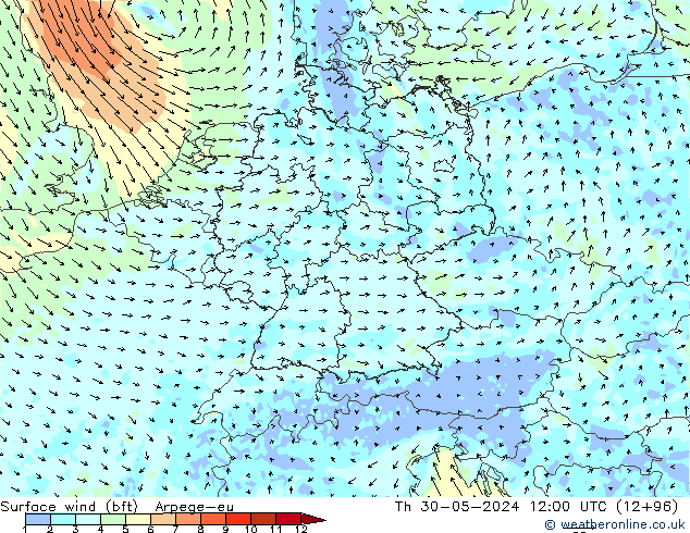 Surface wind (bft) Arpege-eu Čt 30.05.2024 12 UTC