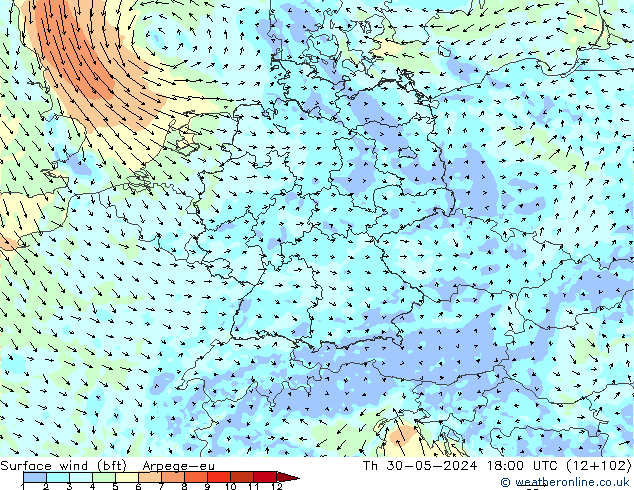 Surface wind (bft) Arpege-eu Čt 30.05.2024 18 UTC