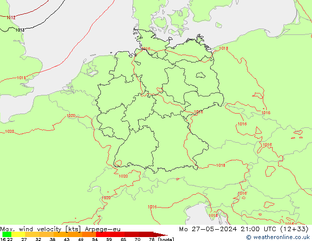 Max. wind velocity Arpege-eu Mo 27.05.2024 21 UTC