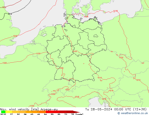 Max. wind snelheid Arpege-eu di 28.05.2024 00 UTC