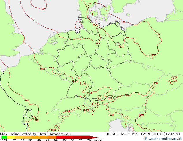 Max. wind velocity Arpege-eu jue 30.05.2024 12 UTC