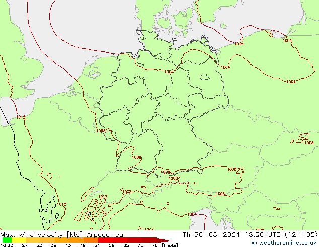 Max. wind velocity Arpege-eu Čt 30.05.2024 18 UTC
