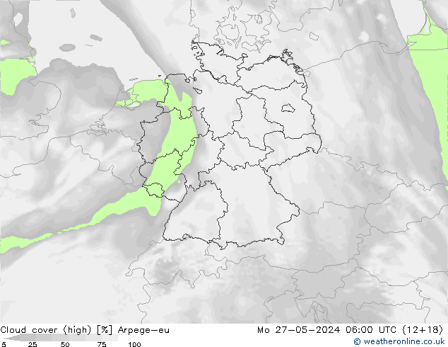 Cloud cover (high) Arpege-eu Mo 27.05.2024 06 UTC