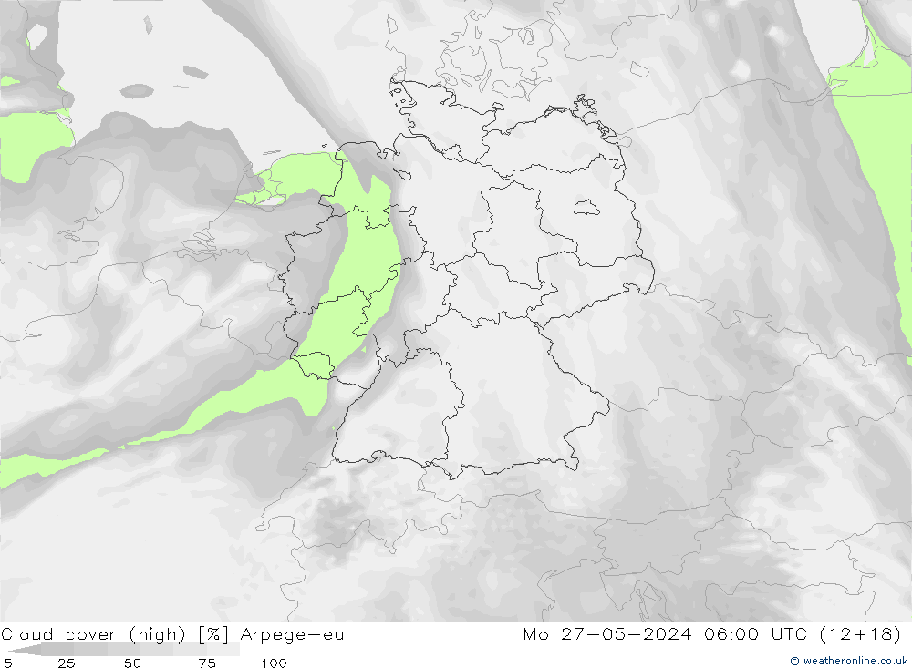 Cloud cover (high) Arpege-eu Mo 27.05.2024 06 UTC