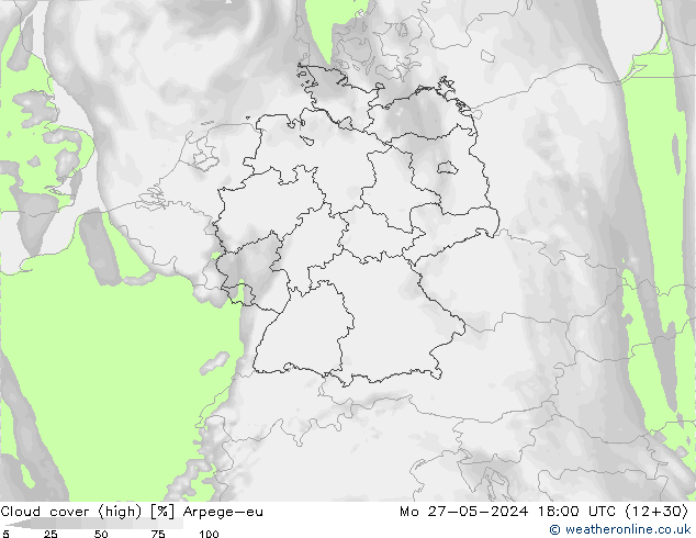 Cloud cover (high) Arpege-eu Mo 27.05.2024 18 UTC