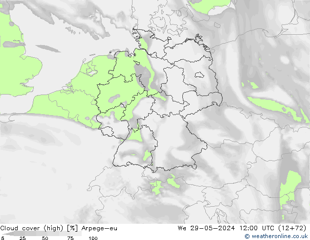 Cloud cover (high) Arpege-eu We 29.05.2024 12 UTC
