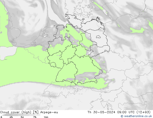 vysoký oblak Arpege-eu Čt 30.05.2024 09 UTC