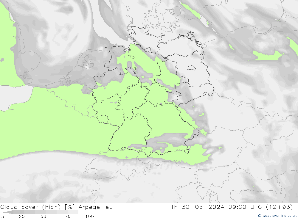 Cloud cover (high) Arpege-eu Th 30.05.2024 09 UTC