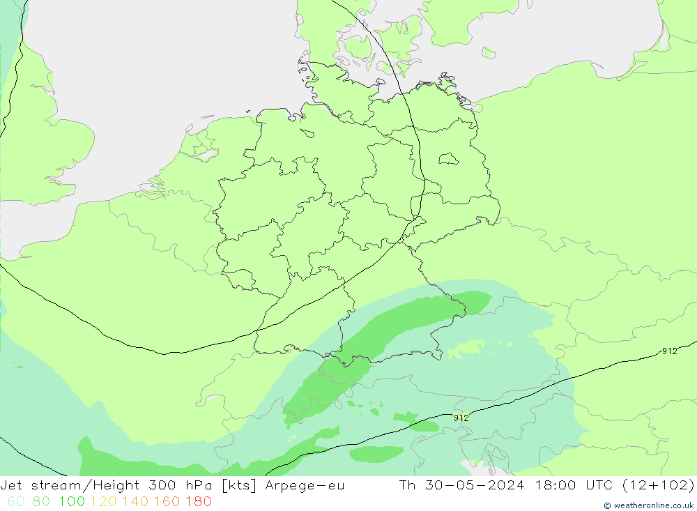 Jet stream/Height 300 hPa Arpege-eu Th 30.05.2024 18 UTC