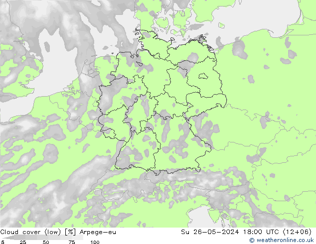 Cloud cover (low) Arpege-eu Su 26.05.2024 18 UTC