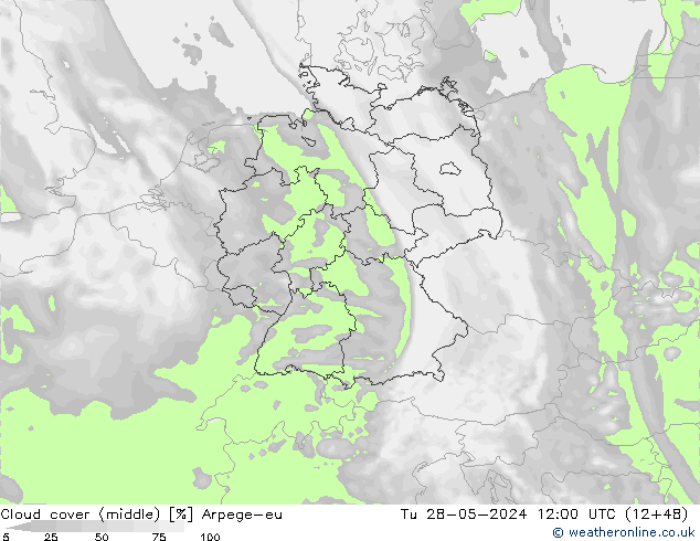 Cloud cover (middle) Arpege-eu Tu 28.05.2024 12 UTC