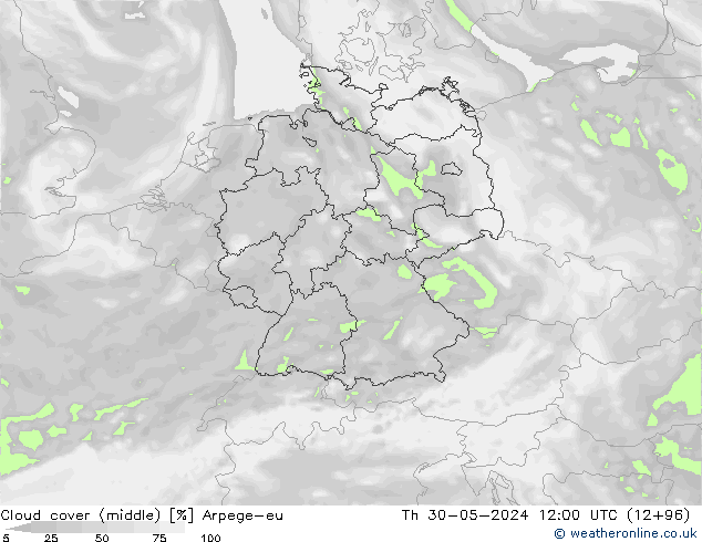 Cloud cover (middle) Arpege-eu Th 30.05.2024 12 UTC