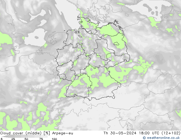 Cloud cover (middle) Arpege-eu Th 30.05.2024 18 UTC