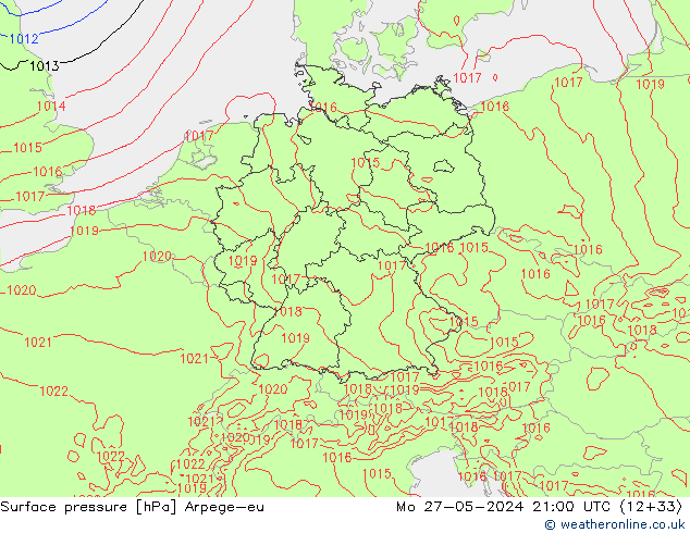 Surface pressure Arpege-eu Mo 27.05.2024 21 UTC