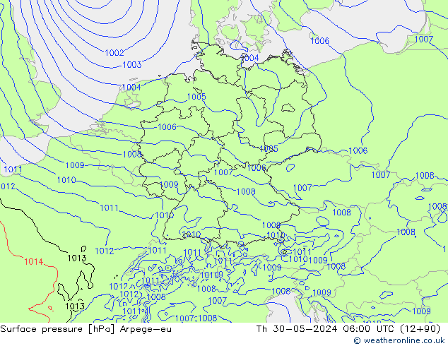 Atmosférický tlak Arpege-eu Čt 30.05.2024 06 UTC