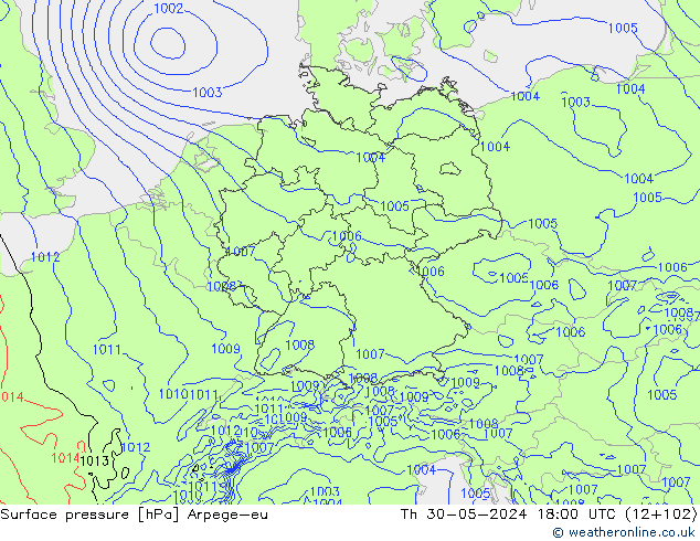 Presión superficial Arpege-eu jue 30.05.2024 18 UTC