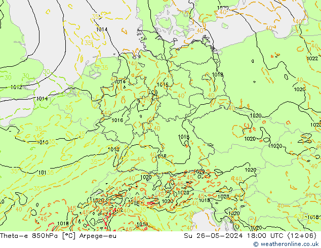 Theta-e 850hPa Arpege-eu Su 26.05.2024 18 UTC