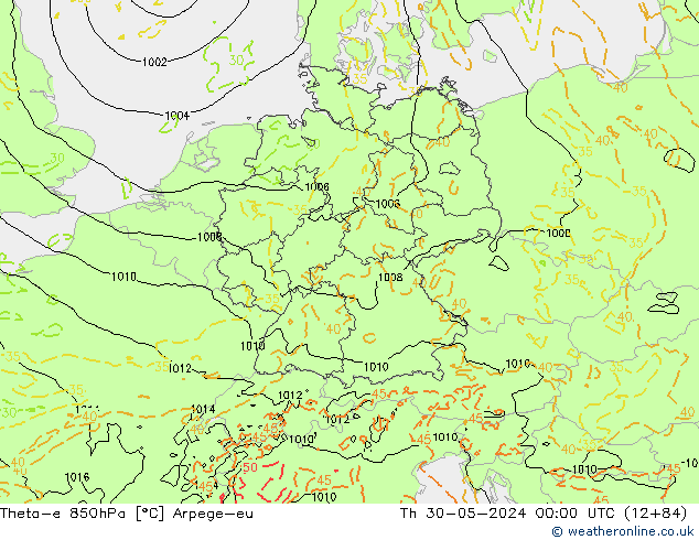 Theta-e 850hPa Arpege-eu Do 30.05.2024 00 UTC